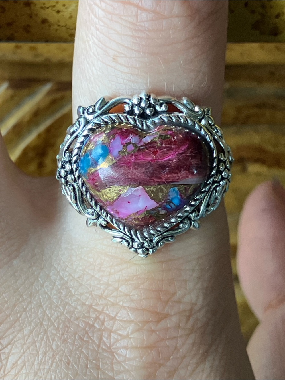 Spiny Oyster Turquoise Sterling Silver Heart Ring Size 9.75